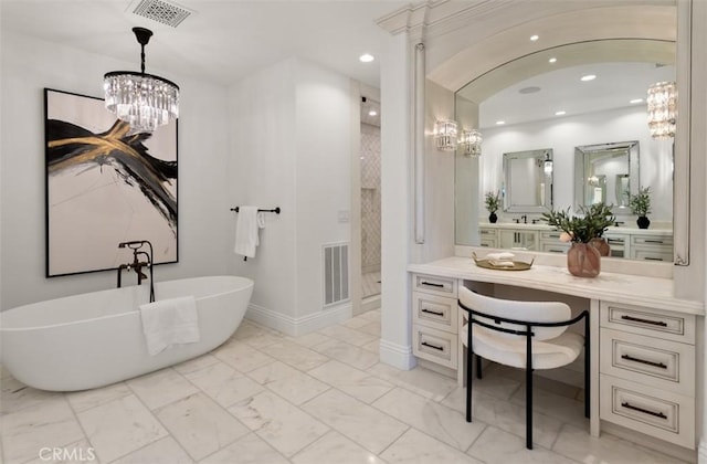 21 Observatory, Newport Coast, CA 92657 - full bathroom with a chandelier, marble look tile flooring, a shower stall, a soaking tub, and recessed lighting