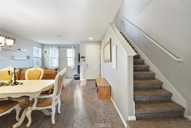 dining room with recessed lighting, baseboards, visible vents, and stairway