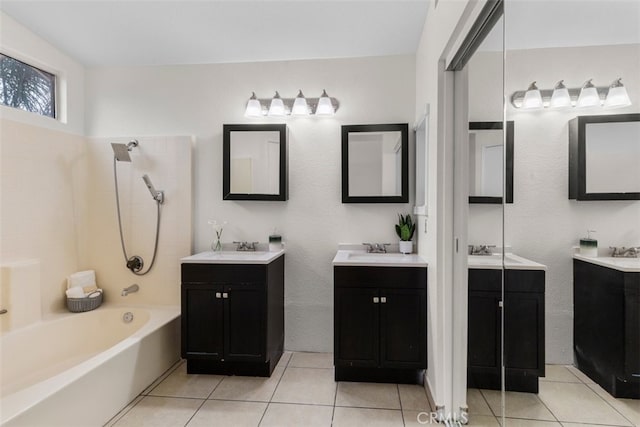 15767 San Roque Rd, Fontana, CA 92337 - bathroom with tile patterned flooring, bathing tub / shower combination, and two vanities
