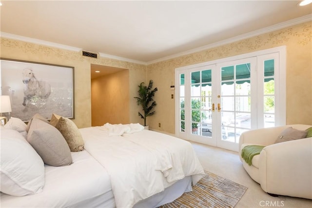 carpeted bedroom with crown molding, french doors, access to exterior, and visible vents