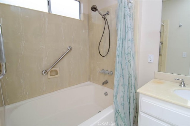 full bath with vanity and shower / tub combo with curtain