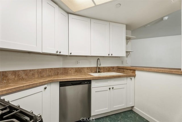 1044 Calle Del Cerro Unit 301, San Clemente, CA 92672 - kitchen featuring baseboards, white cabinetry, open shelves, dishwasher, and a sink