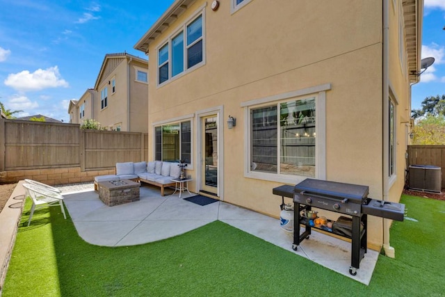 1132 Cherry Tree Ln, Vista, CA 92084 - back of house featuring a patio area, stucco siding, an outdoor hangout area, and a fenced backyard