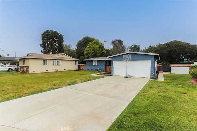 single story home with stucco siding, a front yard, and a garage