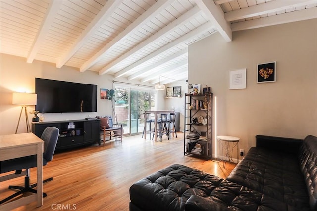 living room featuring wooden ceiling, lofted ceiling with beams, and light wood-style flooring