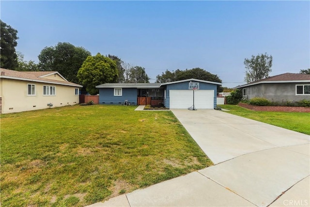 single story home featuring a front lawn and a garage