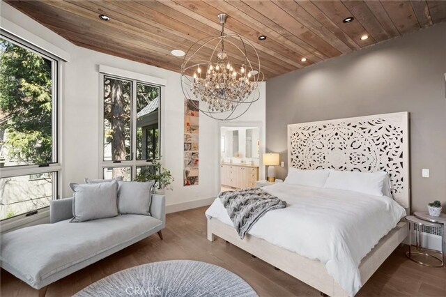 496 N State Highway 173, Lake Arrowhead, CA 92352 - bedroom featuring wood ceiling, a chandelier, recessed lighting, wood finished floors, and connected bathroom