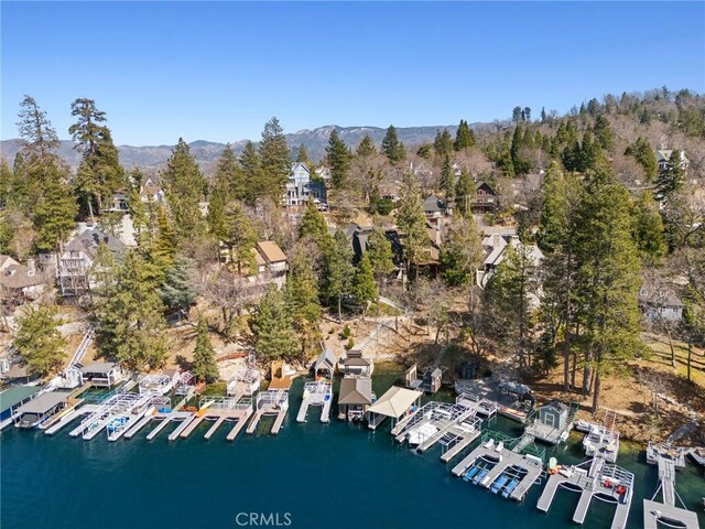 496 N State Highway 173, Lake Arrowhead, CA 92352 - aerial view of property's location with numerous boat docks and a water and mountain view