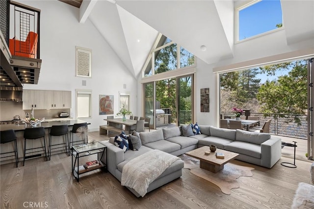 496 N State Highway 173, Lake Arrowhead, CA 92352 - living area with high vaulted ceiling, wood finished floors, and beam ceiling