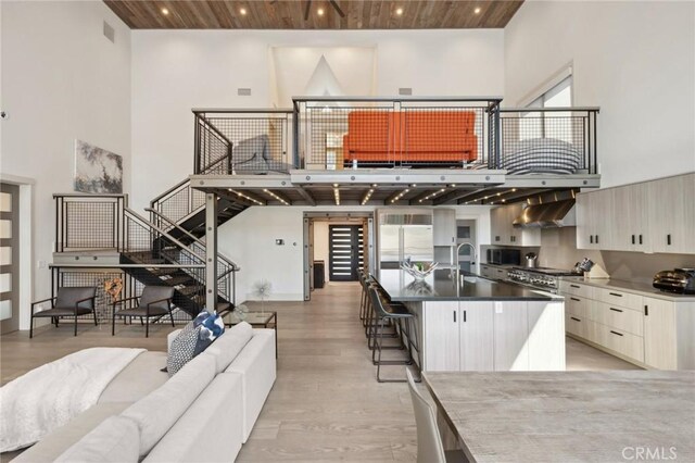 496 N State Highway 173, Lake Arrowhead, CA 92352 - kitchen featuring a high ceiling, high quality appliances, modern cabinets, light wood-type flooring, and wood ceiling