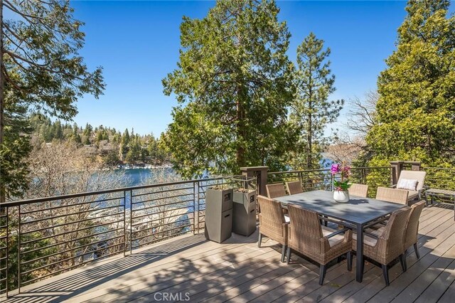496 N State Highway 173, Lake Arrowhead, CA 92352 - wooden terrace featuring outdoor dining space and a water view