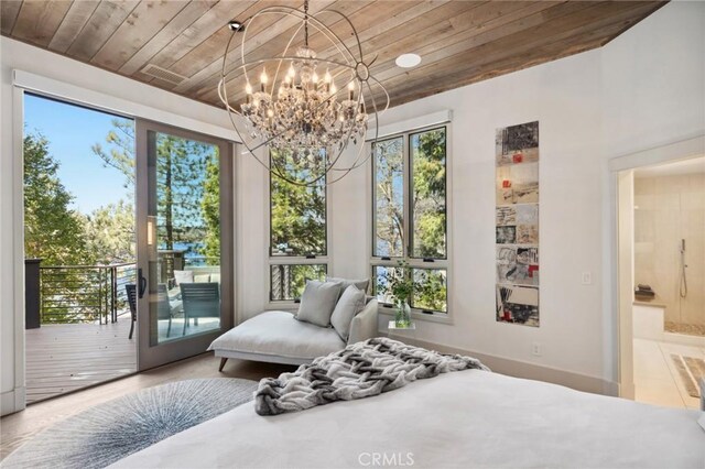 496 N State Highway 173, Lake Arrowhead, CA 92352 - bedroom with wooden ceiling, access to outside, and a chandelier