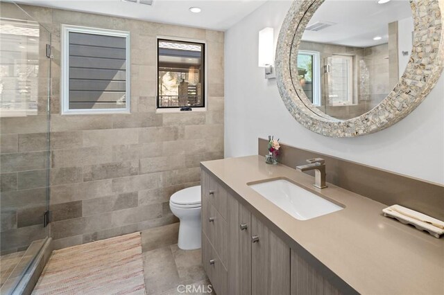 496 N State Highway 173, Lake Arrowhead, CA 92352 - full bath featuring vanity, a stall shower, recessed lighting, and tile patterned flooring