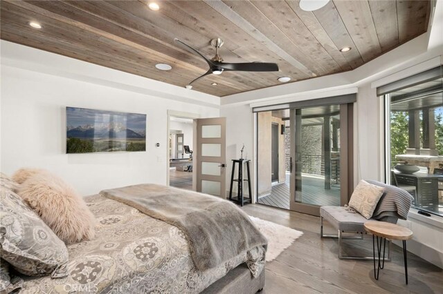 496 N State Highway 173, Lake Arrowhead, CA 92352 - bedroom with wooden ceiling, access to exterior, wood finished floors, recessed lighting, and a ceiling fan