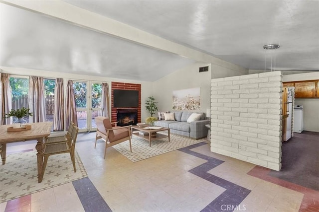 1768 Wright St, Pomona, CA 91766 - living room featuring a brick fireplace and tile patterned floors
