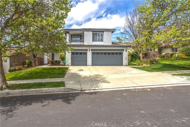 11834 Greenbluff Way, Yucaipa, CA 92399 - mediterranean / spanish-style house with driveway, a front yard, a garage, a tile roof, and stucco siding