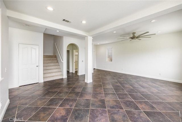 11834 Greenbluff Way, Yucaipa, CA 92399 - spare room with recessed lighting, stairway, a ceiling fan, baseboards, and tile patterned floors