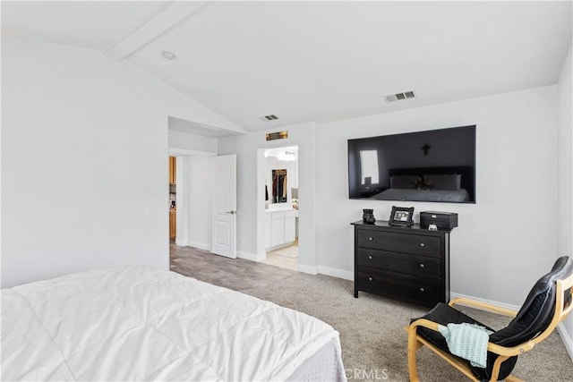 bedroom with baseboards, carpet flooring, lofted ceiling with beams, and visible vents