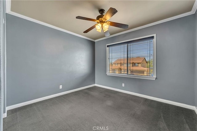 4022 Cocina Ln, Palmdale, CA 93551 - unfurnished room featuring a ceiling fan, baseboards, dark carpet, and crown molding