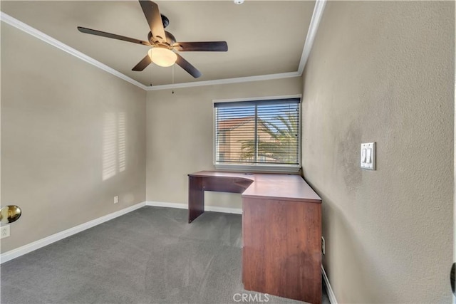 4022 Cocina Ln, Palmdale, CA 93551 - unfurnished office with dark carpet, crown molding, baseboards, and a ceiling fan