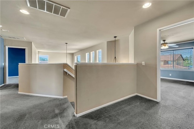 4022 Cocina Ln, Palmdale, CA 93551 - hall featuring baseboards, recessed lighting, an upstairs landing, visible vents, and dark carpet