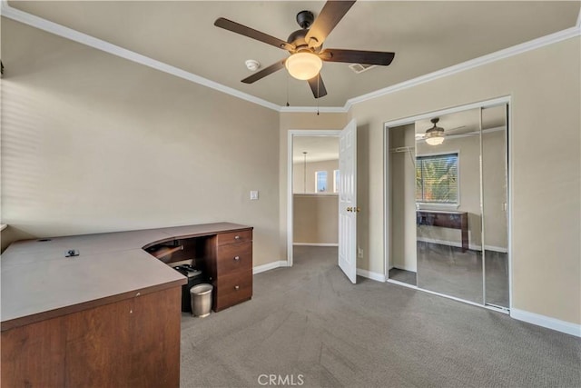 4022 Cocina Ln, Palmdale, CA 93551 - unfurnished office with baseboards, a ceiling fan, crown molding, and carpet floors