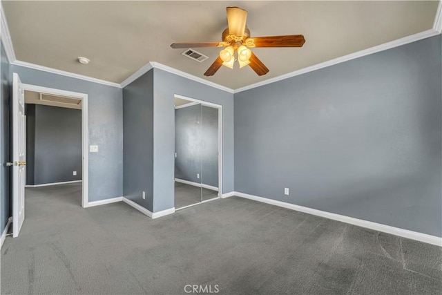 4022 Cocina Ln, Palmdale, CA 93551 - unfurnished bedroom with visible vents, baseboards, a closet, ornamental molding, and carpet