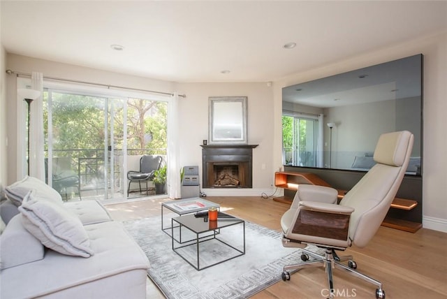 16040 W Sunset Blvd Unit 102, Pacific Palisades, CA 90272 - living room featuring a fireplace, wood finished floors, baseboards, and recessed lighting