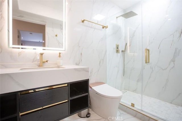 16040 W Sunset Blvd Unit 102, Pacific Palisades, CA 90272 - full bathroom with marble finish floor, vanity, a marble finish shower, and toilet