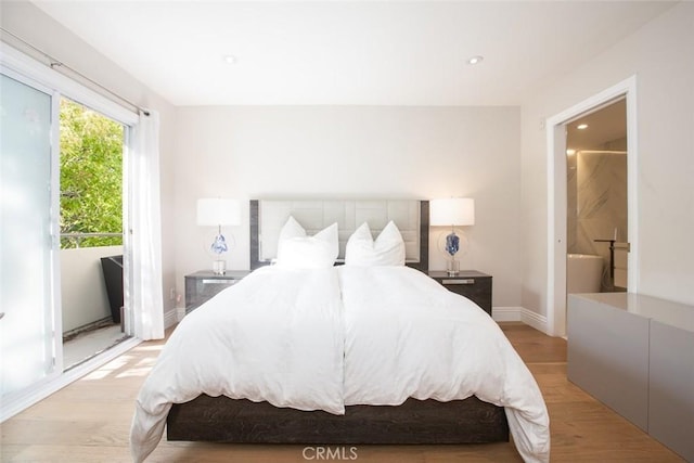 16040 W Sunset Blvd Unit 102, Pacific Palisades, CA 90272 - bedroom with recessed lighting, light wood-style flooring, and baseboards