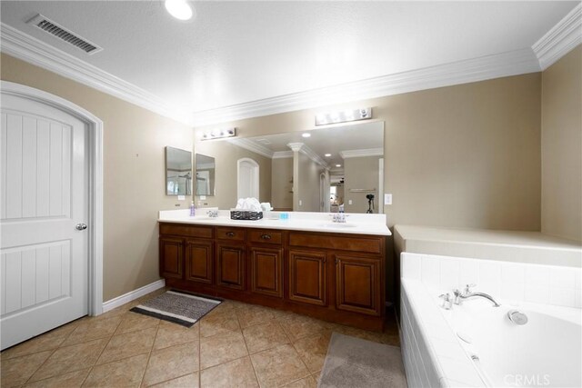 full bath featuring a bath, a sink, double vanity, visible vents, and crown molding