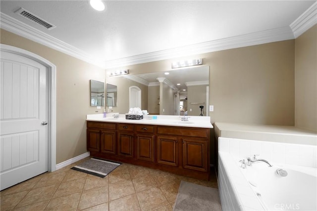 1639 Tivoli St, Redlands, CA 92374 - full bath with double vanity, a sink, a bath, visible vents, and ornamental molding