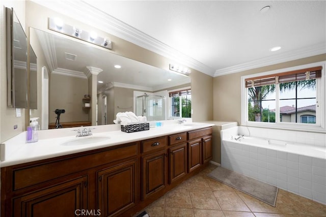 1639 Tivoli St, Redlands, CA 92374 - bathroom with double vanity, a shower stall, a bath, tile patterned flooring, and crown molding