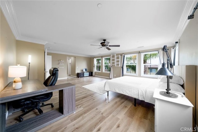 bedroom featuring light wood-style flooring, baseboards, and ornamental molding