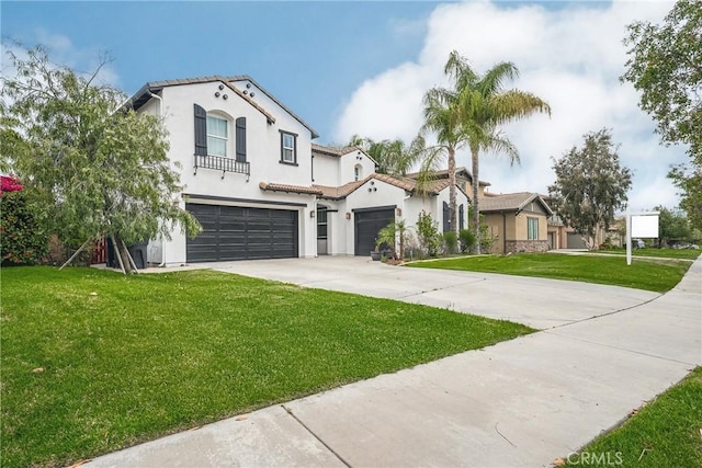 1639 Tivoli St, Redlands, CA 92374 - mediterranean / spanish home featuring stucco siding, driveway, a front lawn, a tiled roof, and a garage