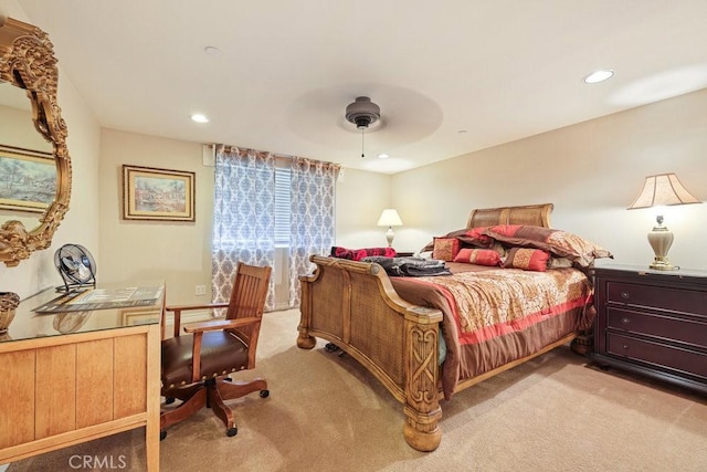 bedroom with recessed lighting, light colored carpet, and ceiling fan