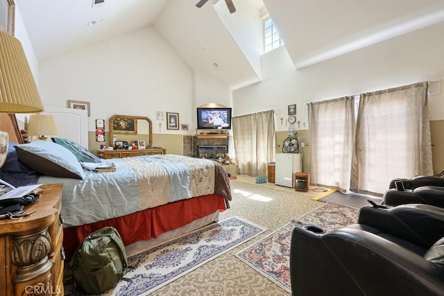 bedroom featuring visible vents, high vaulted ceiling, and carpet flooring