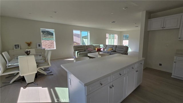 19427 Seeding Palace Cir, Riverside, CA 92507 - kitchen featuring wood finished floors, white cabinetry, baseboards, a kitchen island, and light countertops