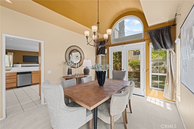 45422 Camino Monzon, Temecula, CA 92592 - dining space with a chandelier, light colored carpet, french doors, light tile patterned floors, and baseboards