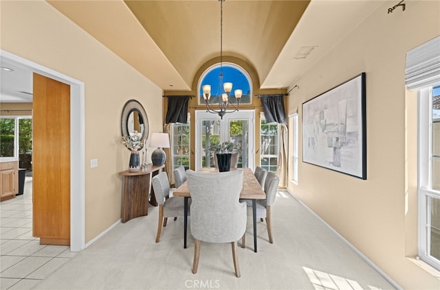 45422 Camino Monzon, Temecula, CA 92592 - dining room with a chandelier, lofted ceiling, baseboards, light carpet, and light tile patterned floors