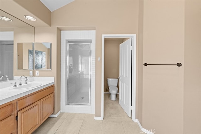 45422 Camino Monzon, Temecula, CA 92592 - full bathroom featuring toilet, a stall shower, vanity, tile patterned floors, and recessed lighting
