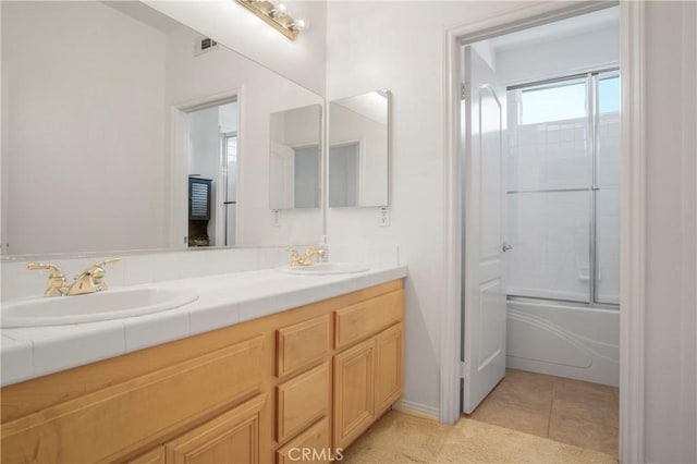 28514 High Ridge Dr, Saugus, CA 91390 - full bathroom with enclosed tub / shower combo, double vanity, a sink, and visible vents