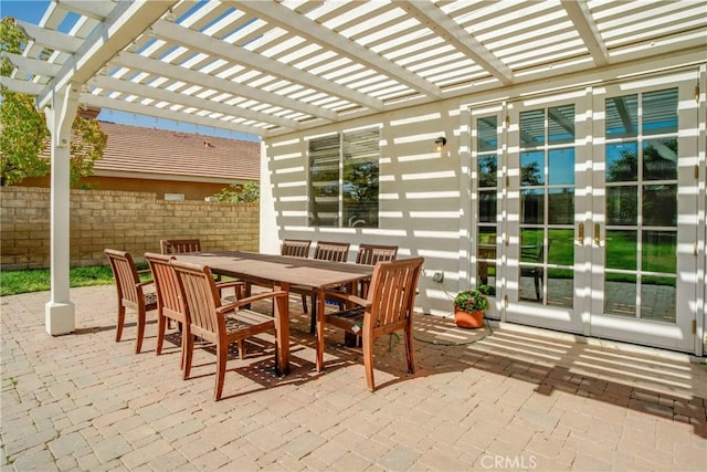 28514 High Ridge Dr, Saugus, CA 91390 - view of patio with french doors, a pergola, fence, and outdoor dining space