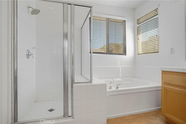 28514 High Ridge Dr, Saugus, CA 91390 - full bath featuring a bath, a stall shower, vanity, and tile patterned flooring