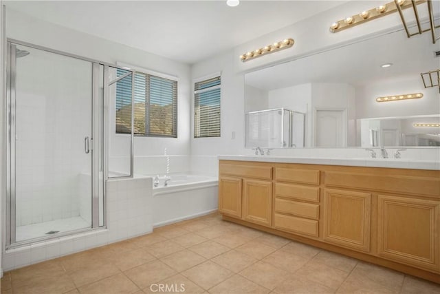 28514 High Ridge Dr, Saugus, CA 91390 - bathroom with a bath, tile patterned flooring, a sink, a stall shower, and double vanity