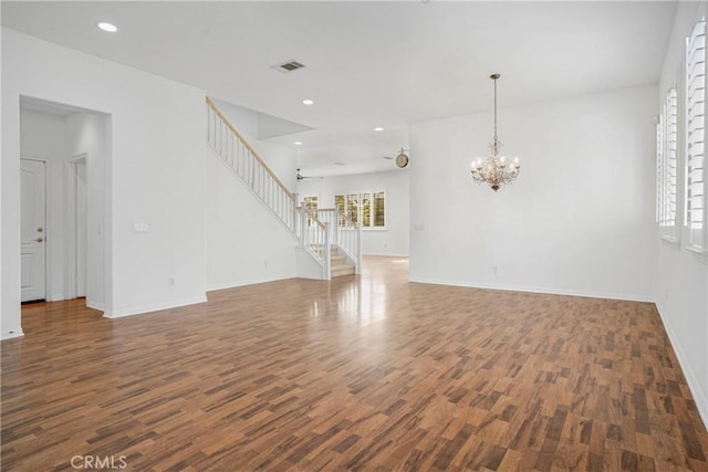 28514 High Ridge Dr, Saugus, CA 91390 - unfurnished living room with visible vents, recessed lighting, a chandelier, wood finished floors, and stairs