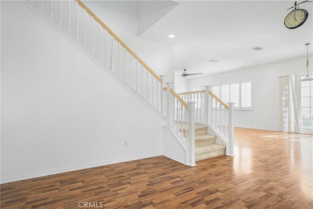 28514 High Ridge Dr, Saugus, CA 91390 - interior space featuring ceiling fan, recessed lighting, wood finished floors, stairs, and baseboards