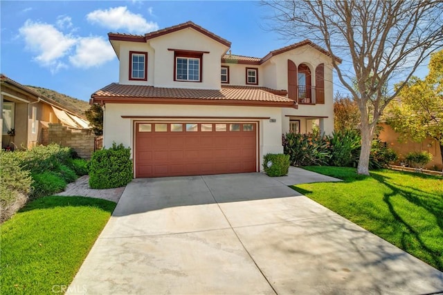 28514 High Ridge Dr, Saugus, CA 91390 - mediterranean / spanish-style home featuring a balcony, stucco siding, driveway, a front lawn, and a tiled roof