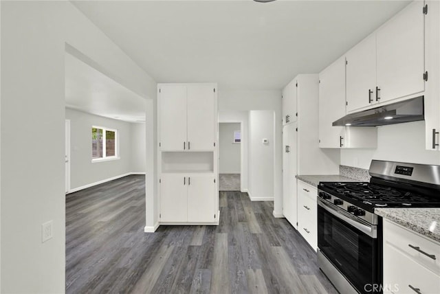 217 N Sacramento, Willows, CA 95988 - kitchen with stainless steel gas range, under cabinet range hood, dark wood-style floors, and white cabinets