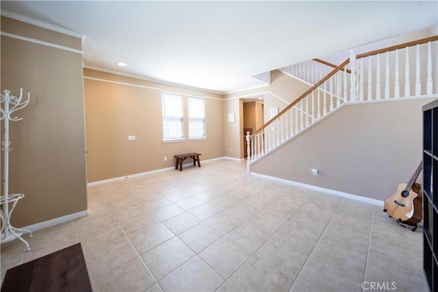 unfurnished living room with stairs, baseboards, crown molding, and tile patterned flooring